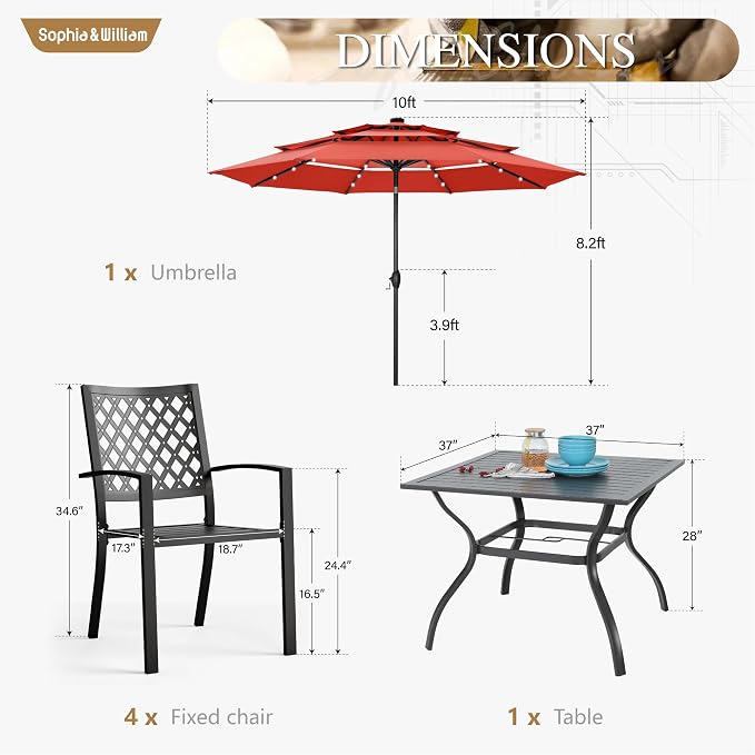 Sophia & William Metal Outdoor Patio Dining Set 6 PCS with 10ft 3 Tier Auto-tilt Umbrella(Orange Red), 4 x Metal Outdoor Chairs, 1 x Square 37"x 37" Dining Table and 1 Patio Umbrella
