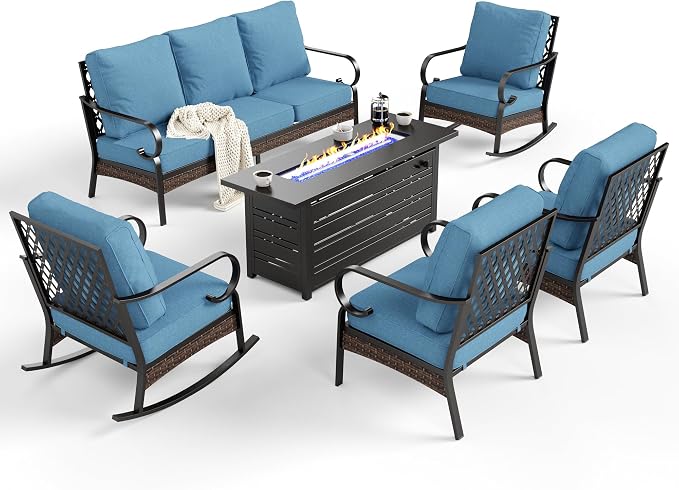 SUNSHINE VALLEY 6 Piece Metal Outdoor Patio Furniture Sets with Firepit Table, Patio Conversation Sets 1 3-Seater Sofa, 2 Leg Sofa and 2 Rocking Chair with 5.75" Cushion for Backyard Deck, Denim Blue