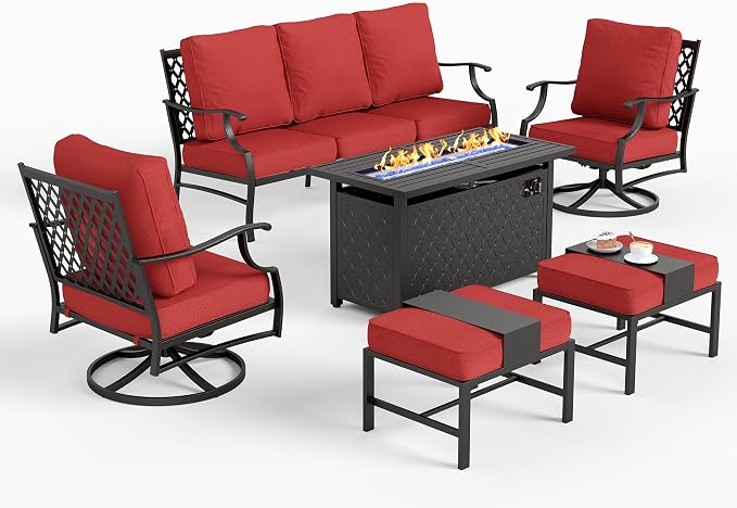 SUNSHINE VALLEY 6 Piece Metal Outdoor Patio Furniture Set with Firepit Table, Patio Conversation Set 1 3-Seater Sofa, 2 Swivel Chair, 2 Ottoman with 5.75" Thick Cushion, Black Backyard Furniture, Red