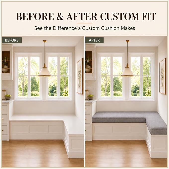 Custom Window Seat Cushion, Bench Cushion Made to Fit | 75D high-density foam, fabric, thickness and shape options, hidden zipper, optional piping, non-slip bottom, indoor furniture