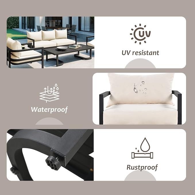VilroCaz 4-Piece Outdoor Steel Sofa Set, All Weather Patio Conversation Set with 1 Love Sofa, 2 Single Sofas, Coffee Table, Waterproof Cushions, Suitable for Backyard, Poolside Gardens (Beige-Z)