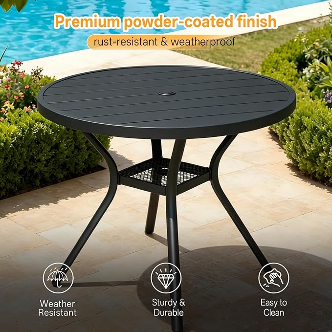 MEOOEM 5-Piece Patio Dining Set for 4, Outdoor Round Tables and Textilene Sling Chairs Set of 4, All Weather Heavy Duty Outdoor Patio Table and Chairs for Outside, Deck, Garden, Backyard