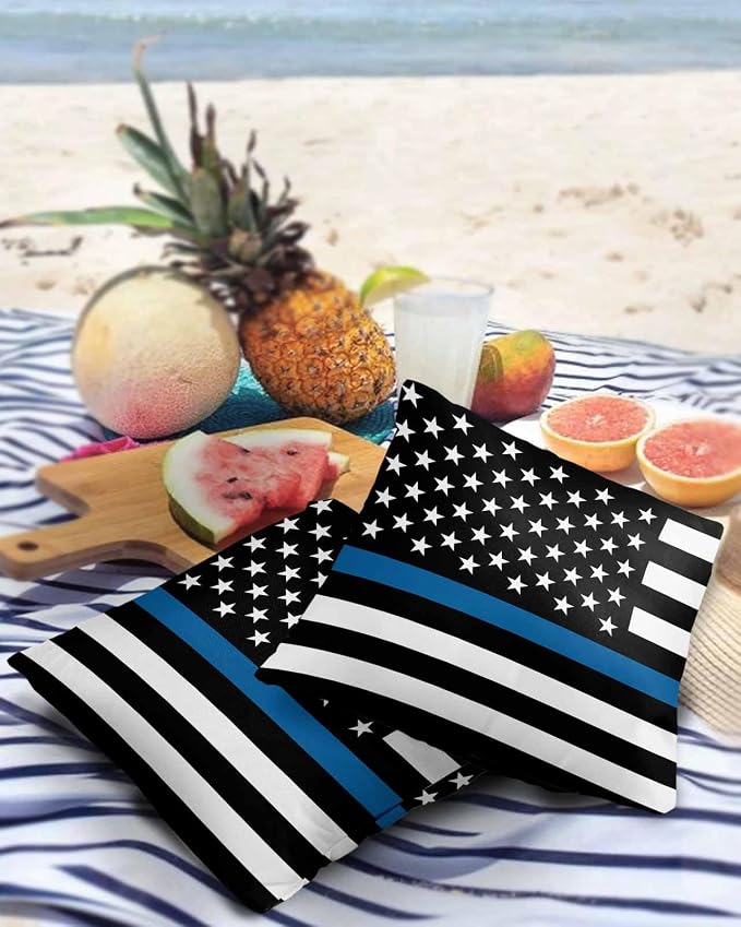Outdoor Waterproof Pillow Covers Set of 2, Thin Blue Line Flag American Police Flag Honoring Law Enforcement Officers Patio Throw Pillow Covers, Decorative Cushion Case for Sofa Furniture, 18x18 Inch