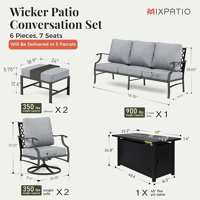 MIXPATIO Patio Furniture Set, 6 Pcs Metal Outdoor Conversation Set, 2 Swivel Chairs, 2 Ottomans and 3 Seater Sofa with 5.75" Extra Thick Cushion and Gas Fire Pit Table, Grey
