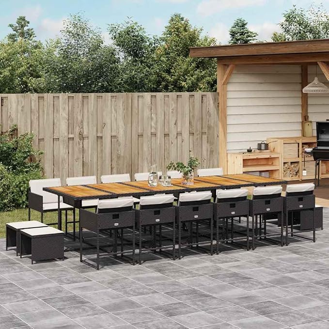 17 Piece Outdoor Patio Dining Set Black and Brown, UV-Resistant Rattan Garden Furniture with Foldable Stackable Design, Large Family Table and High-Back Chairs for 16-Person Frame, Easy Assembly