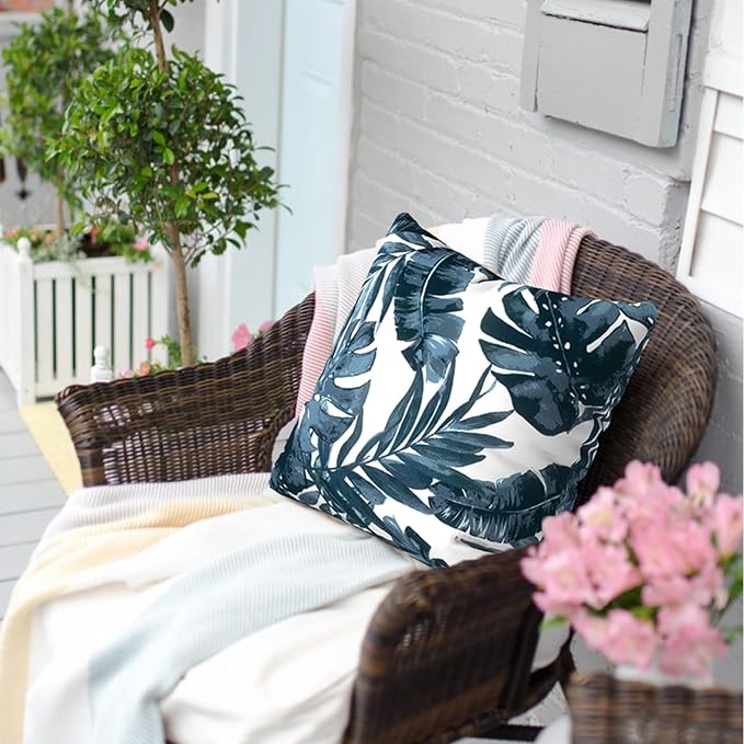 Outdoor Throw Pillow Covers 18”x18”, Decorative Pillow Covers for Patio Furniture, Modern Cushion Cases for Garden Couch Home Sofa Bed Office Chair, Pack of 2, Palm Blue