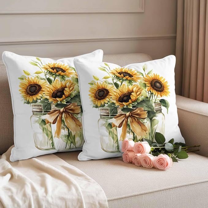 Sunflower Outdoor Waterproof Throw Pillow Covers Set of 2, 18"x18", Summer Watercolor Flower Bottle Retro Farm Decorative Pillow Covers Outside Cushion Case for Patio Porch Garden