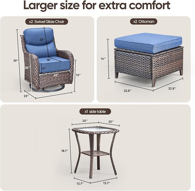 Swivel Patio Chairs sofa Set of 5 with 6" Thick Cushion - Wicker Outdoor Swivel Rocker Patio Chair with Side Table, High Back Comfortable Outdoor Glider Chairs - Brown Wicker | Blue Cushions