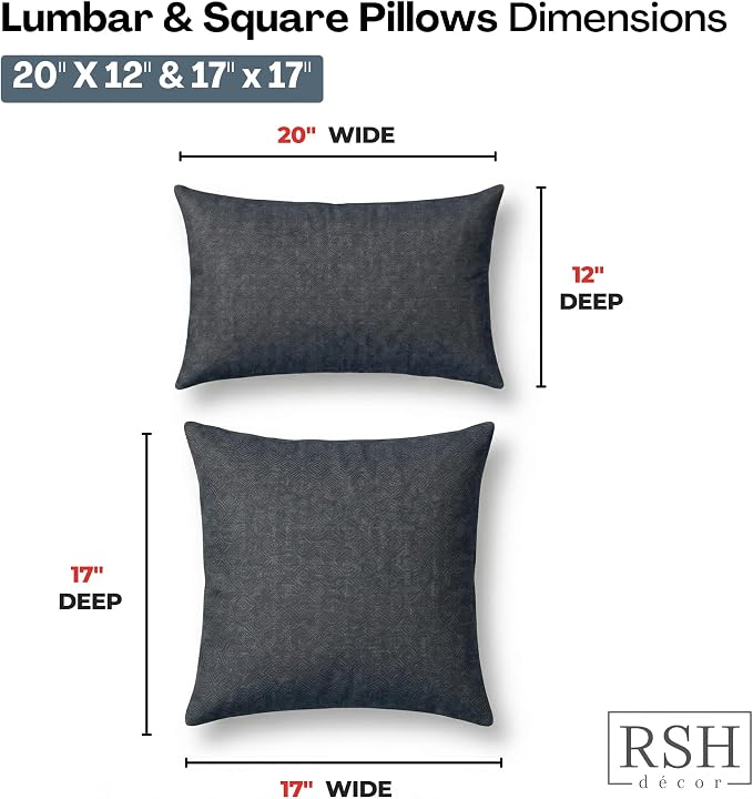 RSH DECOR: Sunbrella Lumbar & Square Pillows Set of 4 | 20" x 12" & 17" x 17" | Water and Fade-Resistant Fabric | Outdoor Throw Pillows for Patio Furniture | Made in USA (Sancy Denim)