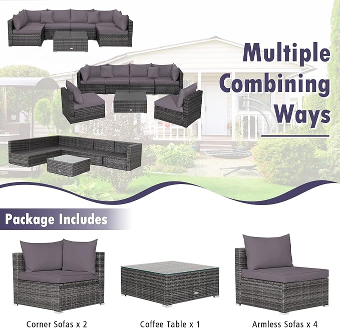 DORTALA 7 Pieces PE Rattan Patio Furniture Set, All-Weather Wicker Conversation Set W/Soft Cushions & Pillows, Coffee Table, Outdoor Sectional Sofa Set for Balcony, Poolside, Backyard, Grey