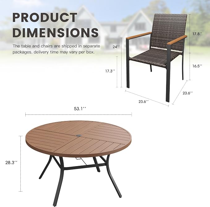 Round Patio Dining Set for 8, Outdoor Furniture Set of 53.1" Round Metal Table with Umbrella Hole and Stackable Wicker Patio Chairs for Backyard Lawn Garden, Walnut Chairs, Walnut Table