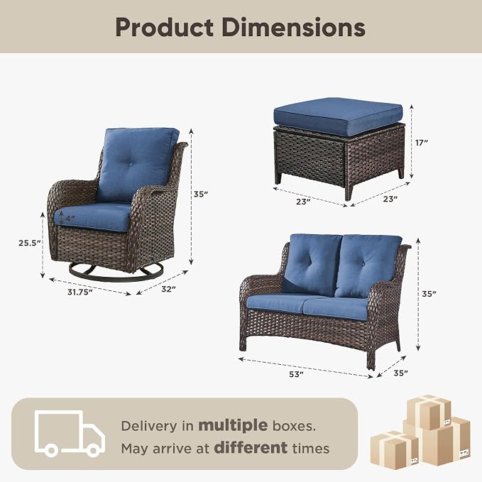 Belord 5 Piece Wicker Patio Furniture Set, Outdoor Swivel Rocker Chairs Set of 2 with Ottomans and Loveseat, All Weather Patio Conversation Furniture Set, for Porch Pool, Brown Wicker/Blue