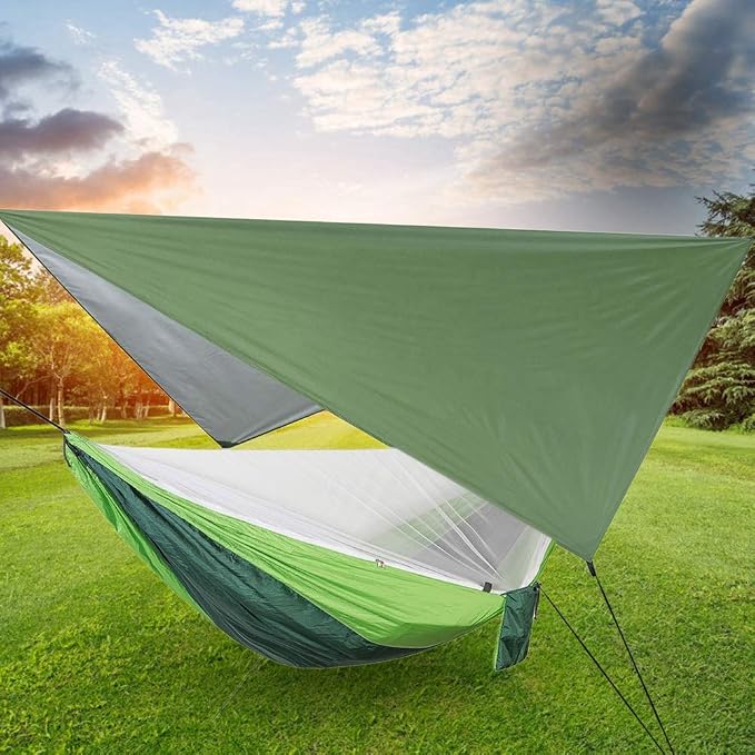 Portable Hanging Camping Hammock with Net and Rain Canopy, Outdoor Hammock for Courtyard Garden Beach Travel, 210T Nylon Hammock with Steel Buckles for 2 Persons