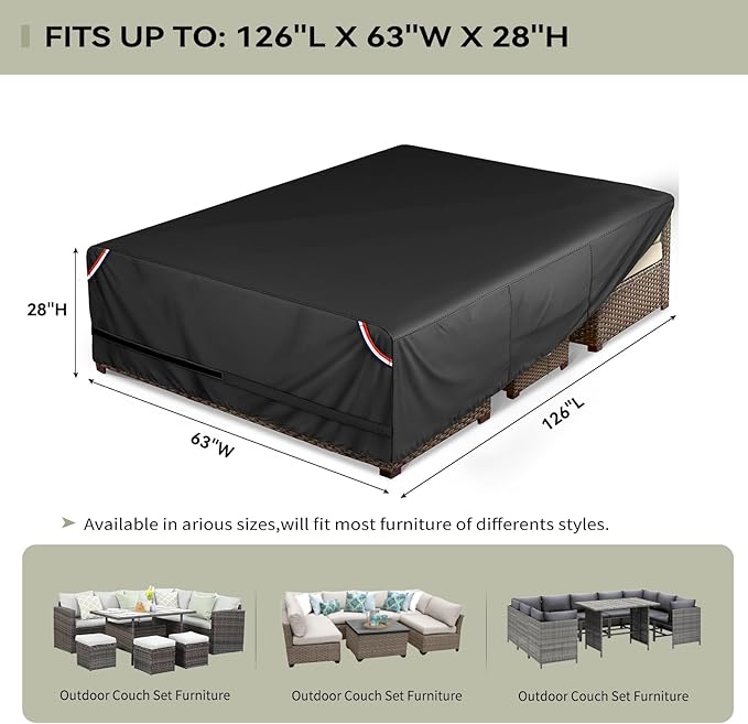 KylinLucky Heavy Duty Waterproof Patio Furniture Covers 126"x63", All-Weather Outdoor Table Cover with UV Protection, Air Vents & Adjustable Straps for Rectangular Dining Set, Black
