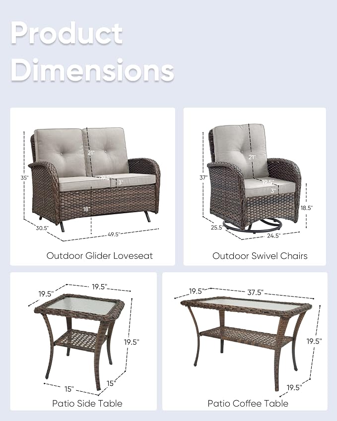 5 Pieces Patio Furniture Set-Outdoor Rocking Chairs Set of 2 Outdoor Glider Bench with Wicker Outdoor Coffee Table for Deck Lawn Porch Balcony Poolside-Brown/Beige