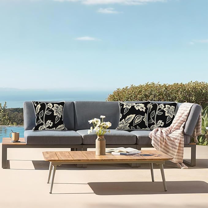 LVTXIII Outdoor Throw Pillows 20x20 Patio Waterproof Square Pillows with Piping Fade Resistant Accent Pillow for Spring Summer Garden Decoration, Set of 2, Elegant Vines Black
