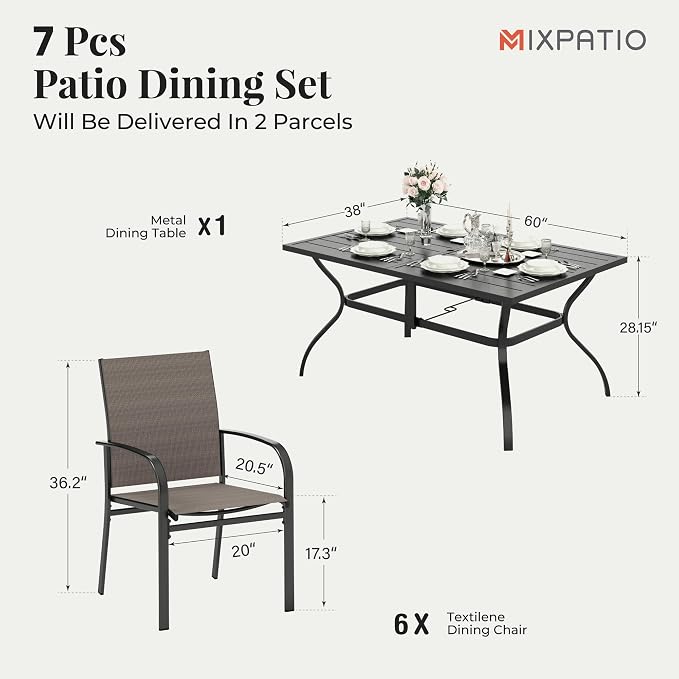 MIXPATIO Patio Table and Chairs Set, Patio Dining Set for 6 with Brown Chairs and Metal Rectangular Table for Deck Backyard Lawn Poolside