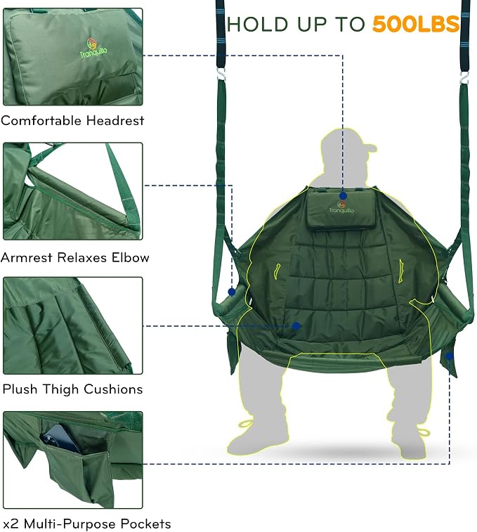 Tranquillo Hanging Hammock Chair, Patio Swing Chair, Outdoor Swing Chair with Headrest, Armrest, Cup Holders, Porch Swings Outdoor and Hammock Tree Straps, Net Moss Green