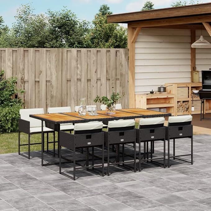 9 Piece Patio Dining Set with Cushions, Space Saving PE Rattan Garden Table and 8 Foldable Chairs, Black