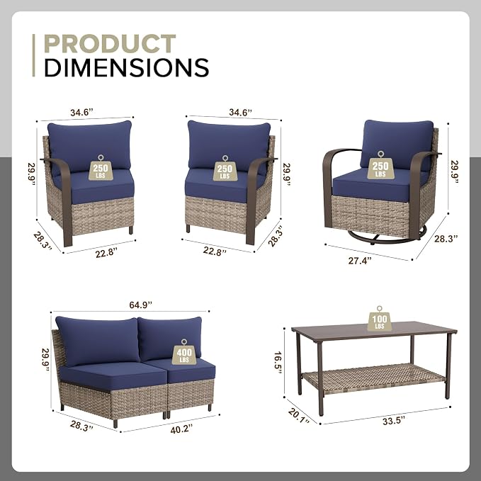 COOS BAY Aurora Terrace 6 Piece Outdoor Sectional Furniture Set, Half Moon Rattan Wicker Conversation Set with Swivel Chairs, 4 Seat Sofa & Coffee Table for Patio Garden Yard, Beige/Blue