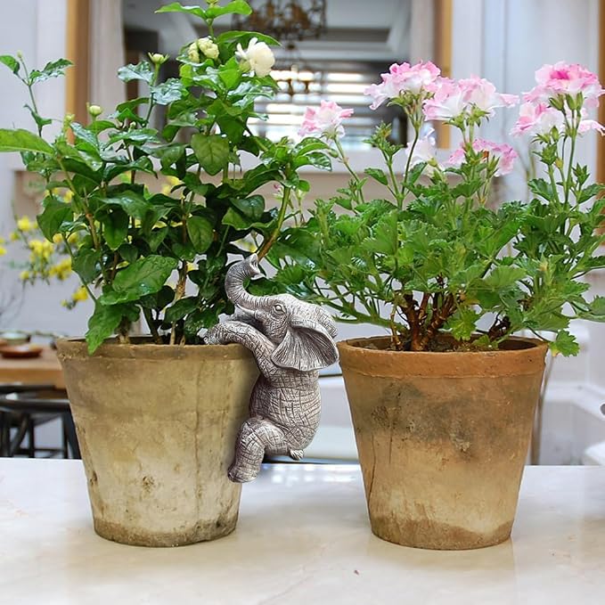 Cute Climbing Elephant Flower Pot Hugger Figurines Resin Hanging Elephant Statue Planter Pot Decorations for Home Garden Fence Balcony Patio Lawn Yard Ornaments
