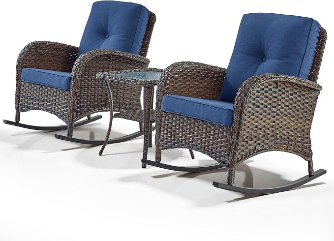 Belord Wicker Porch Rocking Chairs - 3 Pieces Patio Bistro Set High Back Outdoor Rocker Chairs Set with Side Table for Deck Balcony Brown