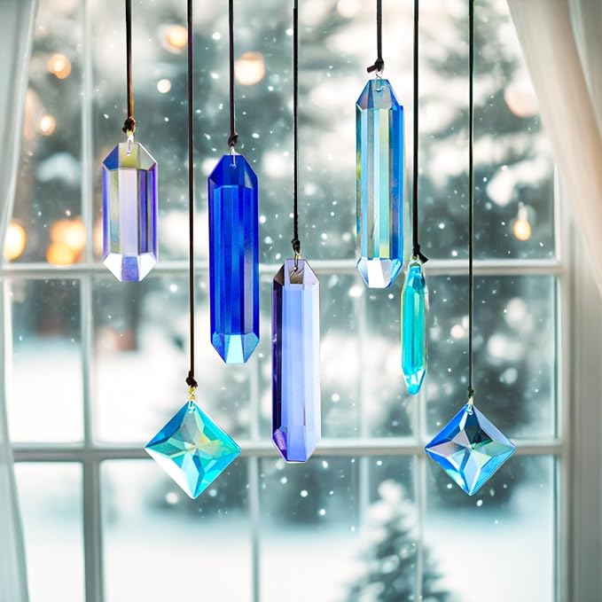 Crystal Prisms Suncatcher for Window Hanging, 7PCS Blue Dreams Sun Catcher | Gift For Mom Women Rainbow Maker Sun Catcher Indoor Window Home Garden Christmas Tree Decor