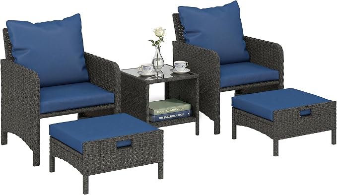 Outsunny 5 Piece Patio Furniture Set, Wicker Balcony Furniture with 23.6" Wide Deep Seat, 2 Ottomans, Glass Coffee Table, Cushions, Rattan Outdoor Conversation Patio Set for Garden Porch, Navy Blue