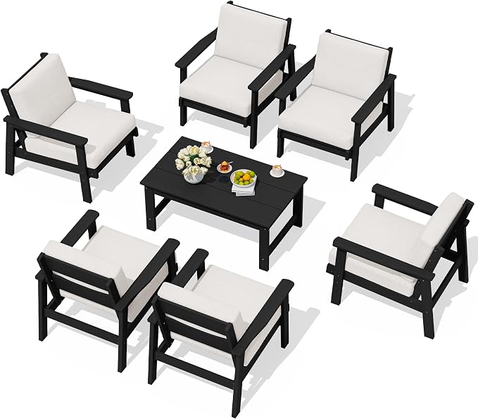 SERWALL Patio Conversation Sets, 7 Piece, Black Frame with Khaki Cushions
