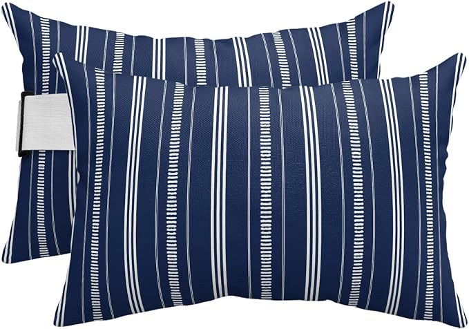Outdoor Lumbar Pillows 12x20 Set of 2, Boho Navy Blue Waterproof Throw Pillow Covers with Insert, Minimalist Farmhouse Striped Decorative Support Pillows for Lounge, Chaise