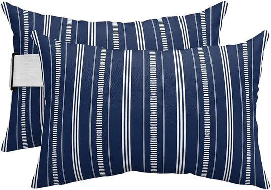 Outdoor Lumbar Pillows 11x16 Set of 2, Boho Navy Blue Waterproof Throw Pillow Covers with Insert, Minimalist Farmhouse Striped Decorative Pillowcase Cushion for Couch Sofa Bed