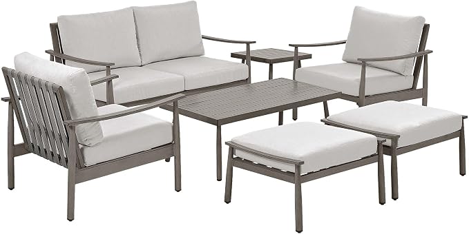 HAPPATIO Patio Outdoor Furniture Set - 7 Pieces Aluminum Outdoor Conversation Set Includes 1 Loveseat, 1 Coffee Table, 1 Side Table, 2 Armchairs, and 2 Ottomans for Porch, Lawn (Grey)
