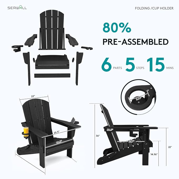 SERWALL Folding Adirondack Chairs with Dual Cup Holder, HDPE Adirondack Chairs Set of 4, Plastic Outdoor Chairs,Black