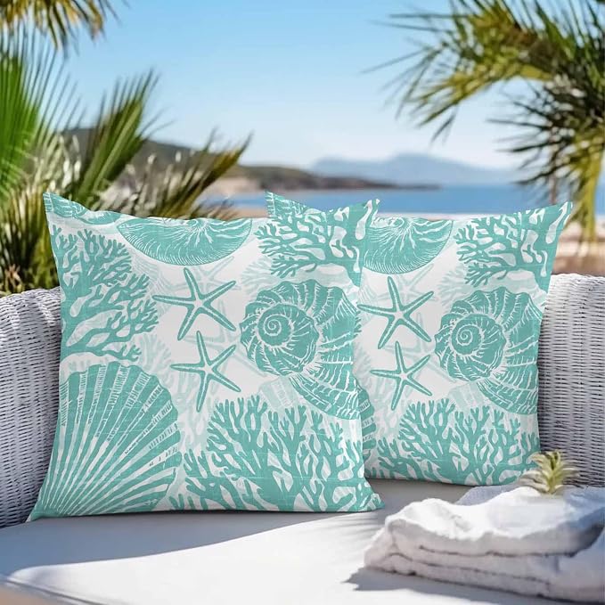 Outdoor Pillow Covers 18x18 Inch Set of 2, Teal Coastal Waterproof Throw Pillow Covers, Beach Starfish Nautical Coral Shell Summer Decorative Cushion Pillowcases for Couch, Sofa, Bed, Garden, Patio