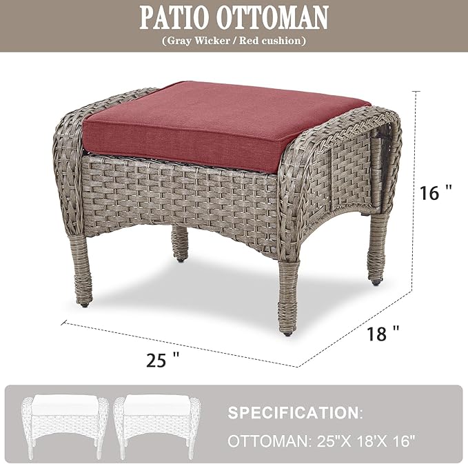 Belord Outdoor Ottomans for Patio Foot Rest - 25 Inch PE Wicker Foot Stool Set of 2 with Removable Cushions for Patio Furniture Sets,All Weather Rattan Ottoman for Balcony Deck Gray/Red