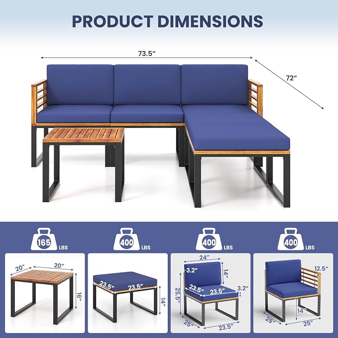 Tangkula 6 Pieces Acacia Wood Patio Furniture Set, Outdoor Sectional Conversation Sofa Set with Cushions, Coffee Table and Ottomans, Metal Frame Patio Sofas for Garden, Poolside, Backyard, Navy