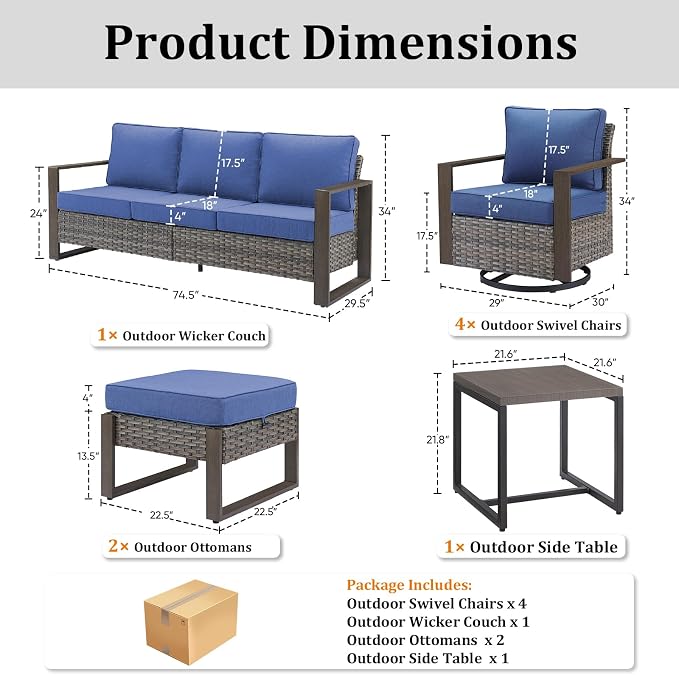8-Piece Outdoor Patio Furniture Set with 4 Swivel Chairs, All-Weather Wicker Sofa Set for Garden, Yard, Porch and Poolside Seating, Grey/Blue