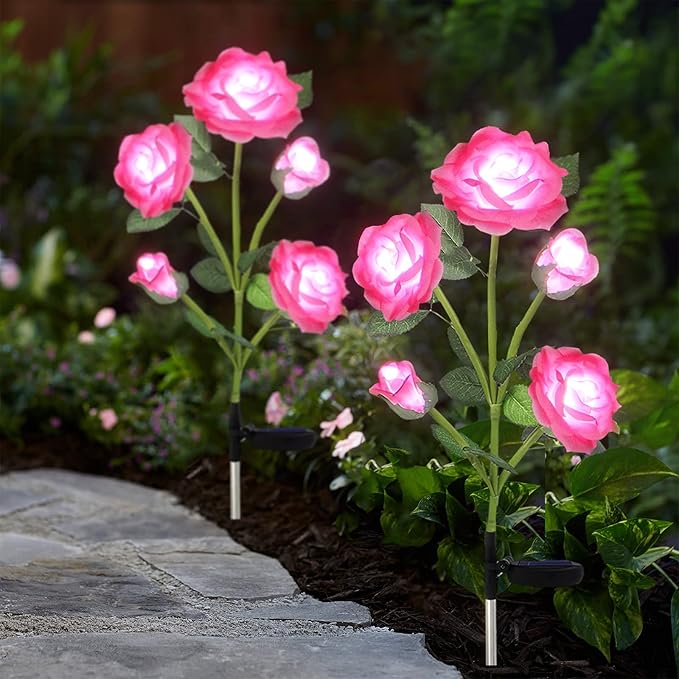 Solar Flower Lights Garden Decorations Outdoor Waterproof [Updated] 2 Packs 10 Pink Roses Solar Decorative Stake Lights for Patio Pathway Yard Lawn Decor Gifts