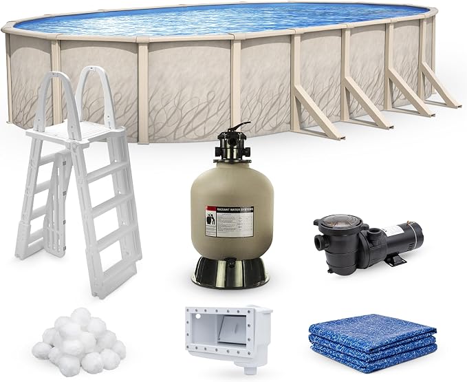 Lake Effect Pools 'Meadows Reprieve' 12 ft x 24 ft Oval Above Ground Swimming Pool Bundle | 52 Inch Steel Sided Walls | Kit Includes: 25 Gauge Liner, A-Frame Ladder, Sand Filter/Pump, & Skimmer