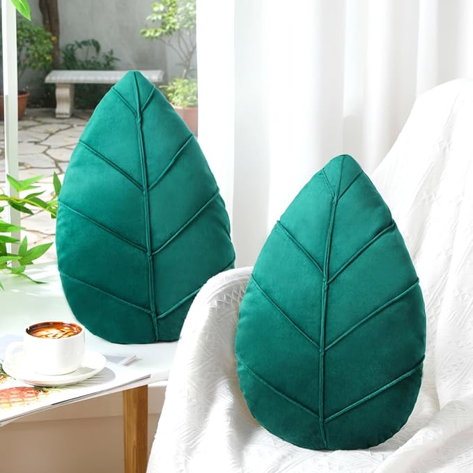 Novabright Set of 2 Leaf Pillows 3D Leaf Shaped Throw Pillows 15" Plush Decorative Plant Cushion Birthday Gifts for Plant Lovers Bedroom Sofa Home Living Room Office Decor(Dark Green)