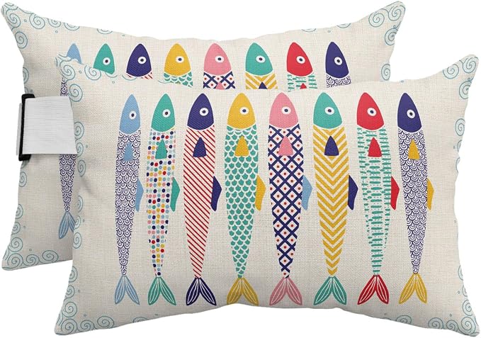 Coastal Fish Outdoor Waterproof Throw Pillows 2PCS 11 x 16 Inch, Cartoon Colorful Fish Vintage Begin Insert Fill Pillows, Indoor/Outdoor Accent Pillows, Lumbar/Neck Cushion Pillows