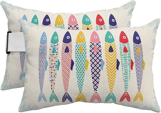 Coastal Fish Outdoor Waterproof Throw Pillows 2PCS 11 x 16 Inch, Cartoon Colorful Fish Vintage Begin Insert Fill Pillows, Indoor/Outdoor Accent Pillows, Lumbar/Neck Cushion Pillows
