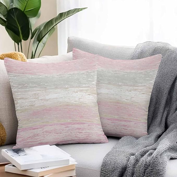 Pink Gray Outdoor Pillow Covers 24"x24" Set of 2, White Gradient Rustic Striped Minimalist Country Waterproof Throw Pillow Covers for Patio Furniture, Decorative Cushion Covers for Porch