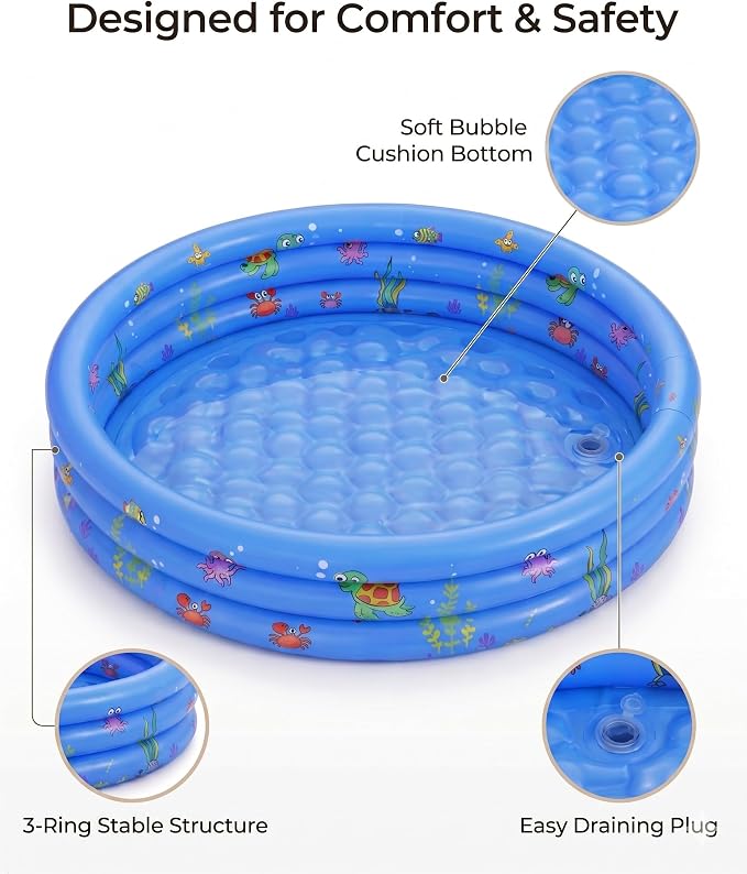 Baby Pool for Toddlers 1-3 with Bubble Bottom, Inflatable Kiddie Pool for Kids with Easy Drain Plug, Small Blow Up Pool for Backyard Summer Water Play, Durable Kids Swimming Pool (Blue)