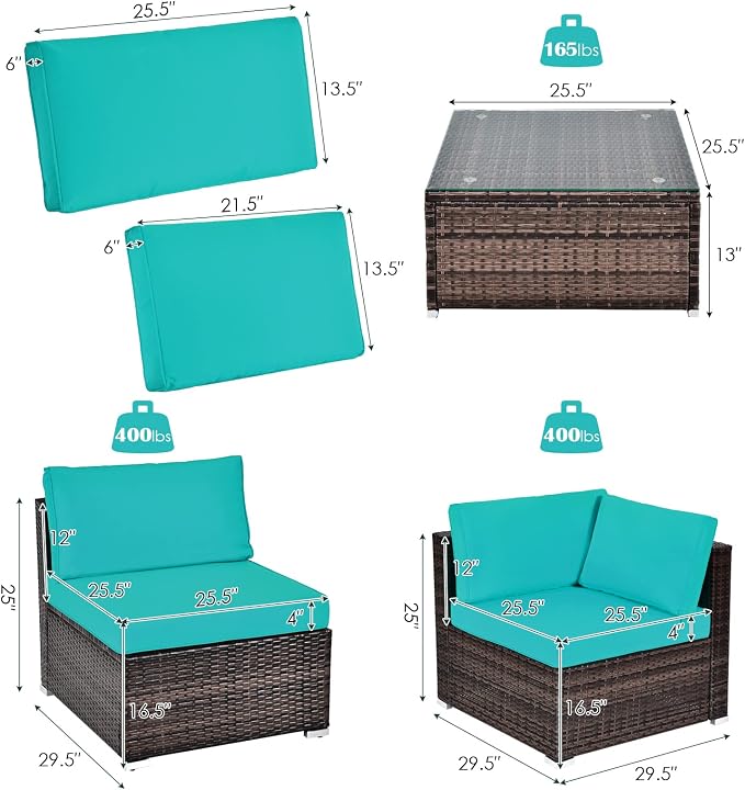 DORTALA 6 Pieces Patio Furniture Set, Outdoor Wicker Conversation Set with Glass Coffee Table, Wicker Sofa Set with Back & Seat Cushions, Rattan Sectional Conversation Couch Set, Turquoise