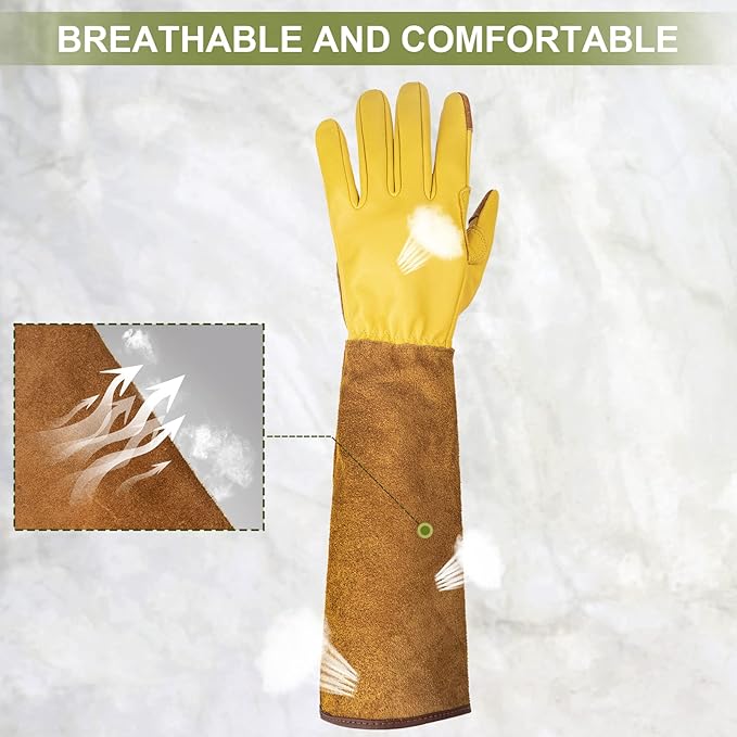 WOHEER Long Gardening Gloves for Women Thorn Proof,Rose Pruning Cowhide Leather Garden Glove for Cactus, Rose and Blackberry