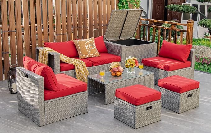 Tangkula 8 Piece Patio Wicker Furniture Set, Patiojoy Space Saving Outdoor PE Rattan Conversation Set with Storage Box & Waterproof Cover, Coffee Table, 2 Ottomans, 2 Armless Sofas & 2 Corner Sofas