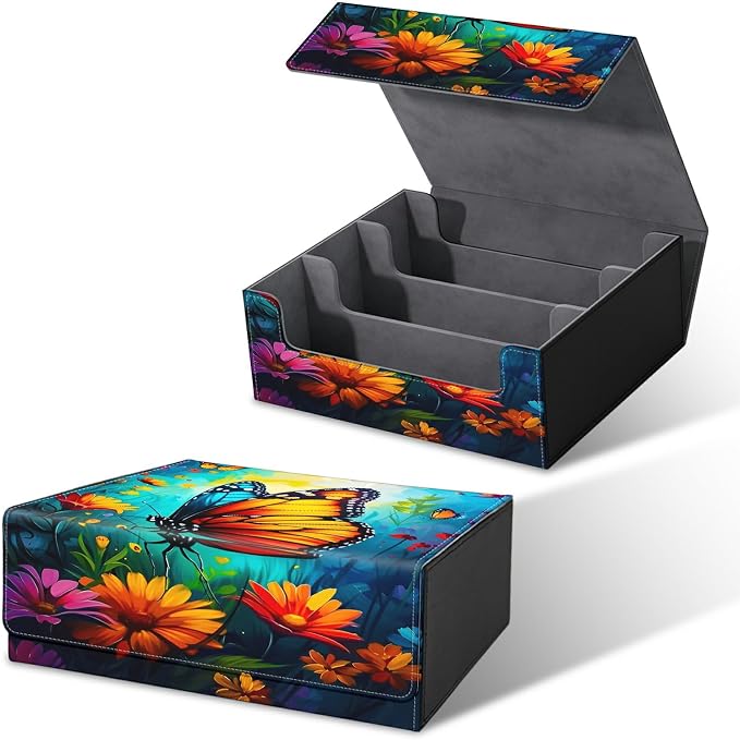 Card Deck Box for MTG, Cards Storage Box Fits 120+ Sleeved, Leather Big Size Strong Magnetic Closing Case for Board Games Magic TCG CCG Baseball Collection Women Man, Butterfly Blue Sky