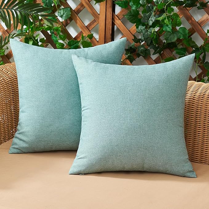 Outdoor Waterproof Throw Pillow Covers Teal 16x16 Set of 2 | Decorative Farmhouse Linen Pillowcases Solid Cushion Cases for Patio Tent Balcony Couch Sofa Living Room