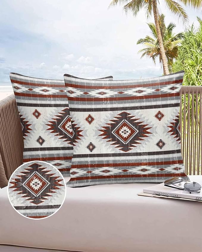 Outdoor Waterproof Throw Pillow Covers Set of 2 Red Gray Boho Aztec Pillowcases 24x24 Inches Southwest Tribal Geometric Patio Decorative Pillows Cushion Case Patio Pillows for Couch Bed Chair Garden